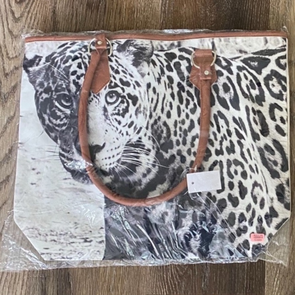 Leopard Print Tote Bag with Tan Handles